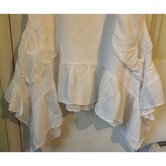 TEMPO PARIS Off White 100% Linen Artsy Dress Rauched Skirt Asymetrical Hem SZ M - Picture 10 of 16